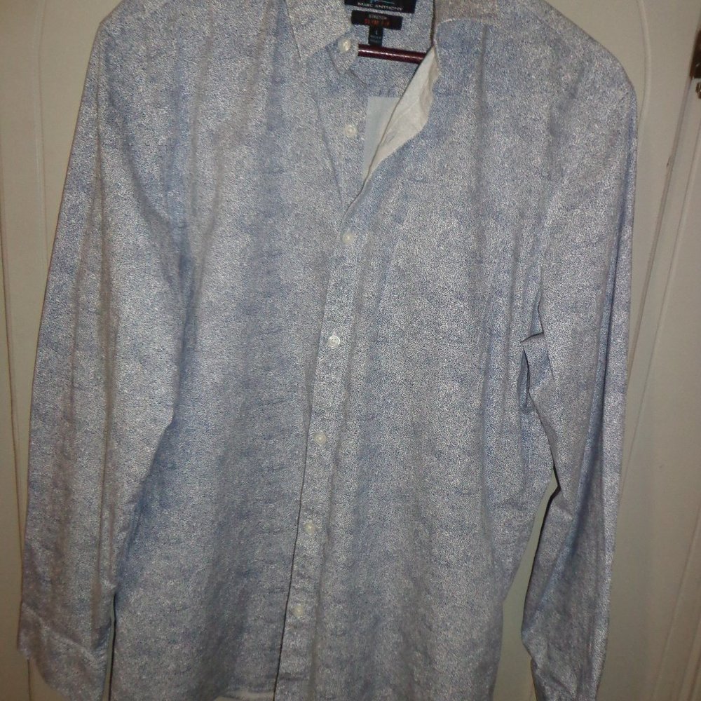 MARC ANTHONY STRETCH SLIM FIT Button Down Shirt L Blue/White Pocket